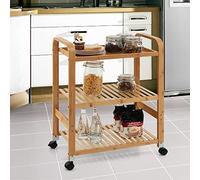 GIANTEX Carro de Servicio de Bambú, Carrito de Cocina con Ruedas Giratorias, Carrito Auxiliar de Almacenamiento con 3 Estantes, con Asas, Ruedas Extraíbles, para Cocina, Comedor, Salón