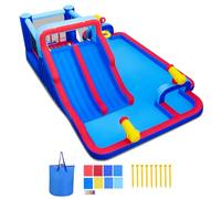 GIANTEX Castillo Hinchable para Niños 3-12 Años, Parque Acuático Infantil con 2 Toboganes, Piscina, Zona de Salto, Rocódromo, Canasta de Baloncesto y 3 Cañones de Agua, Castillo Inflable para Exterior