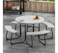 Giantex Conjunto de Mesa de Pícnic para 8 Personas, Mesa de Redonda de Jardín con 4 Bancos, Mesa de Cerveza con Orificio para Sombrilla, Resistente a la Intemperie de HDPE (Gris)