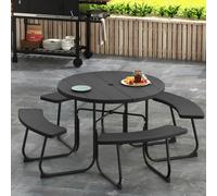 Giantex Conjunto de Mesa de Pícnic para 8 Personas, Mesa de Redonda de Jardín con 4 Bancos, Mesa de Cerveza con Orificio para Sombrilla, Resistente a la Intemperie de HDPE (Antracita)