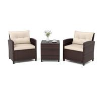 GIANTEX Conjunto de Muebles de Jardín, 3 Piezas de Ratán para Exterior, 2 Sillones con Cojines y 1 Mesa de Panel de Vidrio, Mesa y Sillas para Terraza, Jardín, Patio (Beige)