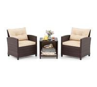 GIANTEX Conjunto de Muebles de Jardín, 3 Piezas de Ratán para Exterior, 2 Sillones con Cojines y 1 Mesa de Panel de Vidrio, Mesa y Silla para Terraza, Jardín, Patio (Ratán Marrón+Cojín Marrón)