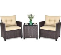 GIANTEX Conjunto de Muebles de Jardín, 3 Piezas de Ratán para Exterior, 2 Sillones con Cojines y 1 Mesa de Panel de Vidrio, Mesa y Silla para Terraza, Jardín, Patio (Marrón Oscuro)