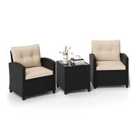GIANTEX Conjunto de Muebles de Jardín de Ratán 3 Piezas, para 2 Personas, 2 Sillones con Cojines y 1 Mesa de Café con Tablero de Vidrio Templado, Juego de Bistró para Exterior (Cojín Marrón)