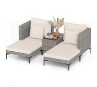 GIANTEX Conjunto Jardín Exterior, Muebles de Ratán 5 Piezas, 2 Sillones, 2 Otomanas y Mesa Auxiliar, Cojines Extraíbles, para 2-4 Personas, Juego de Conversación para Balcón, Patio, Terraza (Beige)