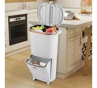 GIANTEX Cubo de Basura de Cocina 38L, Papelera de Reciclaje Vertical con Ruedas, 3 Cubos Extraíbles y Ganchos, Contenedor de PP con Tapas a Presión y Pedal, para Oficina, Baño (Blanco)