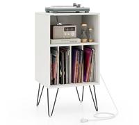 GIANTEX Estante para tocadiscos de 3 niveles, soporte para tocadiscos doméstico con estación de carga, mesa de discos de vinilo con estante y 4 particiones, estante de exhibición (blanco)