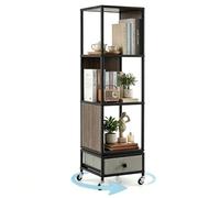 GIANTEX Estantería Giratoria 360° de 4 Niveles, Librería Móvil Alta con 4 Ruedas, Estantes Abiertos, Cajón de Tela Extraíble y Marco Metálico, 30x30x111cm, Organizador para Salón, Dormitorio (Gris)