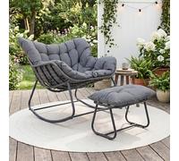 Giantex Fauteuil a Bascule Avec Repose-Pied, Chaise a Bascule Surdimensionné Avec Assise en Rotin PE, Coussin Amovible Rembourré, Cadre Métallique Robuste, pour Salon, Balcon, Jardin