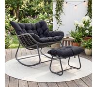 Giantex Fauteuil a Bascule Avec Repose-Pied, Chaise a Bascule Surdimensionné Avec Assise en Rotin PE, Coussin Amovible Rembourré, Cadre Métallique Robuste, pour Salon, Balcon, Jardin