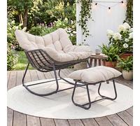 Giantex Fauteuil a Bascule Avec Repose-Pied, Chaise a Bascule Surdimensionné Avec Assise en Rotin PE, Coussin Amovible Rembourré, Cadre Métallique Robuste, pour Salon, Balcon, Jardin