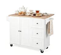 GIANTEX Isla de Cocina Móvil con ala Abatible, Carrito de Cocina con Ruedas, 3 Cajones, Armario, Estantes Ajustables, Toallero y Encimera de Madera de Caucho, Mueble Auxiliar para Comedor, Salón