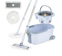 GIANTEX Juego de Cubo y Fregonas, Mopa Giratoria y Fregona Plana, Microfibra, Mango Telescópico, Cubo Escurridor con Ruedas y Mango, 2 Almohadillas, Función de Lavado y Secado (Conjunto)