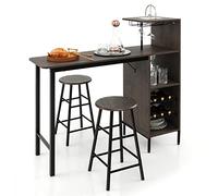GIANTEX Juego de Muebles de Bar de 3 Piezas, Mesa de Desayuno y 2 Taburetes de Bar, Mesa de Bistró con Estante de Almacenamiento y Soporte de Copas, 120 x 40 x 90 cm (Marrón Oscuro)