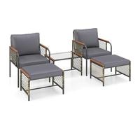GIANTEX Juego de Muebles de Ratán Exterior 5 Piezas, 2 Sillones, 2 Otomanas y 1 Mesa de Centro, Asiento con Cojines, para 2-4 Personas, Conjunto de Conversación para Jardín Patio Terraza (Gris)