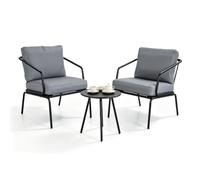 GIANTEX Jugeo de Mesa y Sillas de Exterior, Juego de Muebles de Jardín 3 Piezas con 2 Sillones, Mesa Redonda de Vidrio Templado y Cojines, Conjunto de Conversación de Patio para Balcón Terraza Piscina