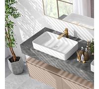 GIANTEX Lavabo rectangular para baño de cerámica blanco, lavabo de mano con desagüe desplegable, lavabo de 60 cm de ancho, lavabo para baño y aseo de invitados