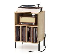 GIANTEX Mesa Auxiliar para Tocadiscos, 53 x 45 x 78,5 cm, Mesilla de Noche con Estación de Carga y Compartimentos para 150 Discos, Estantería de Exhibición para Salón, Dormitorio (Natural)
