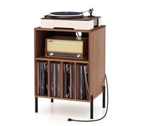 GIANTEX Mesa Auxiliar para Tocadiscos, 53 x 45 x 78,5 cm, Mesilla de Noche con Estación de Carga y Compartimentos para 150 Discos, Estantería de Exhibición para Salón, Dormitorio (Marrón)