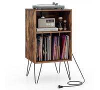 GIANTEX Mesa Auxiliar para Tocadiscos de 3 Niveles, Estantería de Discos de Vinilo con Estante y 4 Divisores, Mesita de Noche con Estación de Carga (Marrón Rústico)