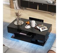 GIANTEX Mesa de Centro con 2 Cajones, Mesa de Café con Luz LED Regulables de 20 Colores y Control Remoto, Ajustable de 2 Nieveles, para Salón, Oficina (Negro)