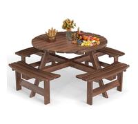 GIANTEX Mesa de Picnic con 4 Bancos para 8 Personas, Mesa de Comedor de Madera de Abeto con Agujero de Sombrilla, 179 x 179 x 70 cm, Juego de Muebles para Patio, Jardín, Terraza (Marrón)