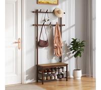 GIANTEX Perchero Zapatero de Bambú, Perchero Recibidor con Banco de Ratán PE, 7 Ganchos, Estantes Abiertos, Organizador para Pasillo, Entrada, Salón, 71 x 30 x 169,5 cm (Marrón)