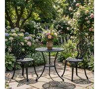 Giantex - Salón de jardín exterior para 2 personas, mesa y 2 sillas de hierro fundido de aluminio, resistente a las inclemencias del tiempo, con agujero para sombrilla, patas ajustables, estilo