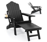 GIANTEX Silla Adirondack Plegable con Reposapiés Retráctil, Tumbona de Hips con Respaldo Ajustable y Portavasos, Carga hasta 180 kg, Silla de Relax para Jardín, Balcón, Patio (Negro)