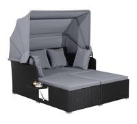 GIANTEX Sofá Cama de Ratán con Cojines Suaves, Tumbona Doble con Toldo Retráctil, 2 Mesas Auxiliars Laterales Plegables, Muebles de Exterior para 2 Personas, para Patio, Piscina (Gris)