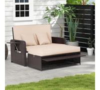 GIANTEX Sofá de Jardín de Ratán con Reposapiés, Sillón 2 Plazas con Respaldo Ajustable y Mesa Auxiliar Plegable, Espacio de Almacenemiento, Mueble de Ratán con Cojín para Terraza, Patio, Color Marrón