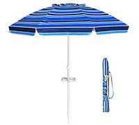 GIANTEX Sombrilla de Playa Grande 220 cm, Protección Solar UV50+, Sombrilla Inclinable con Bolsa de Transporte, Portavasos y Ancla, Parasol para Jardín, Terraza, Mercado (Rayas Azules)