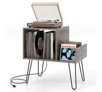 GIANTEX Soporte para Tocadiscos, 66 x 45 x 67 cm, Mesa Auxiliar con Estación de Carga Incorporada, Estantería de Almacenamiento para Vinilos con Patas Metálicas, Armario para Dormitorio, Salón (Gris)