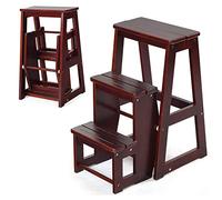 GIANTEX Taburete Escalera Plegable de Madera con 3 Peldaños, 57 x 38,5 x 66 cm, Escalera Silla Plegable Multifuncional para Ahorrar Espacio, Escalón para Baño, Cocina (Marrón Oscuro)