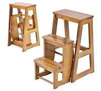GIANTEX Taburete Escalera Plegable de Madera con 3 Peldaños, 57 x 38,5 x 66 cm, Escalera Silla Plegable Multifuncional para Ahorrar Espacio, Escalón para Baño, Cocina (Marrón Claro)