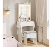 GIANTEX Tocador Compacto con Taburete Acolchado, Mesa de Maquillaje con Espejo Luminoso de 3 Modos, Cajón, Estante, Ganchos y Enchufes, 2 Tableros Laterales Plegables (Blanco)