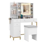 GIANTEX Tocador con Espejo Iluminado LED de 3 Colores, Mesa de Maquillaje con Taburete Acolchado, Estación de Carga, Cajones y Estantes, 98x40x138,5cm, Juego de Tocador para Dormitorio