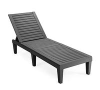 GIANTEX Tumbona de Jardín Exterior con Respaldo Ajustable en 5 Posiciones, Tumbona Reclinable de PP con Acabado Efecto Madera, Carga 180 kg, para Playa, Balcón, Terraza, Piscina (1, Negro)