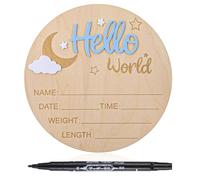 Giantree Tarjetas de hitos de madera para bebé, cartel de anuncios de madera para bebé con bolígrafo, 5,9 pulgadas Hola Mundkommensschild para recién nacidos, redondas, de madera, para padres (azul)