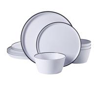 Gibson Home Folsom Shores - Juego de vajilla de melamina moderna irrompible de 12 piezas, para exteriores, campamento y uso diario, blanco con borde negro