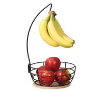 Gibson Home Harvest Season - Cesta de frutas con colgador de plátanos, alambre de metal negro y base de madera de caucho, soporte de encimera para manzanas, plátanos, naranjas, organizador de