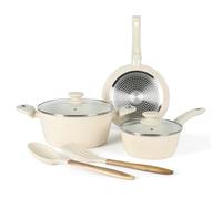 Gibson Home Plaza Café - Juego de ollas y sartenes de cerámica saludable de aluminio forjado sin PFA, juego de 7 piezas, blanco lino