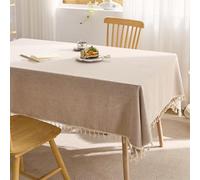 GIBZ Mantel Mesa Rectangular, Protector Lavable Antimanchas de Lino con Borlas, Manteles para Exterior, Fiestas, Cumpleaños, Caqui, 140 x 90 cm