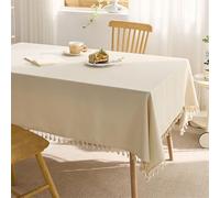 GIBZ Mantel Mesa Rectangular, Protector Lavable Antimanchas de Lino con Borlas, Manteles para Exterior, Fiestas, Cumpleaños, Beige, 120 x 80 cm
