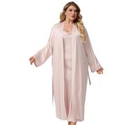 GIBZ Pijama de Mujer Talla Grande Conjunto de Pijama Camisola Bata de Manga Larga Ropa de Dormir Escotado de Seda Sintética Rosa XL
