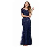 GIBZ Vestido de Fiesta Brillante Mujer Sirena Largo Corte Imperio Tul Lentejuelas Vestidos de Noche Bodas Lujo, Azul Marino, M