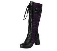 Gicoiz Mujer Gothic Lazos Botas Hasta Las Rodillas Cordones Punta Rojoonda Lolita Tacón Ancho Invierno Fiesta Moda Military Warm Botín Purpura Talla 46 EU-48Cn