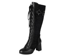 Gicoiz Mujer Gothic Lazos Botas Hasta Las Rodillas Cordones Punta Rojoonda Lolita Tacón Ancho Invierno Fiesta Moda Military Warm Botín Negro Talla 36 EU