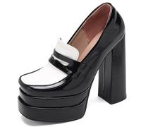 Gicoiz Mujer Punta Quadrada Tacón Chunky Plataforma Pumps Charol Cordones Oficina Oxford Trabajo Profesional High Zapatos Loafer Zapatos Blanco Talla 43 EU-45Cn