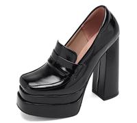 Gicoiz Mujer Punta Quadrada Tacón Chunky Plataforma Pumps Charol Cordones Oficina Oxford Trabajo Profesional High Zapatos Loafer Zapatos Negro Talla 43 EU-45Cn